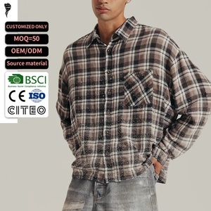 Camisa de Franela a Cuadros Personalizada para Hombre, con Efecto Salpicado de Pintura, Lavada, Oversize, con Bolsillo Único en el Pecho, Manga Larga, Abotonada, Estilo Urbano - Product Image 1