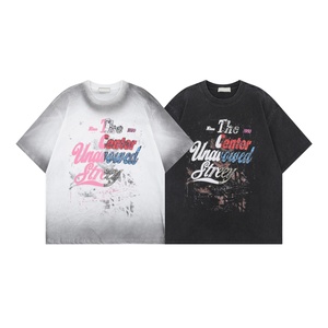 T-shirt Homme Été 2025 Nouvelle Collection Style Post-Apocalyptique Rétro Marque Manches Courtes Coton Lourd Lavé 100% Coton Motif Effet Encre Pulvérisée - Product Image 1