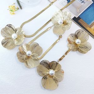 Fatingna Hoa Lá Hoa Ngọc Trai Tua Bông Tai Vòng Cổ Bộ Thép Không Gỉ Kim Loại Kết Cấu Mạ Vàng Engagement Đảng Quà Tặng Đám Cưới - Product Image 4