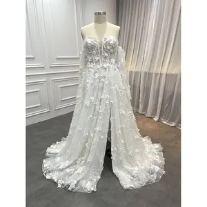 Commercio all'ingrosso New Trend Designer 3D Flower Plunge V corsetto abito da sposa Crystal Women Beaded Lace abito da sposa manica staccabile