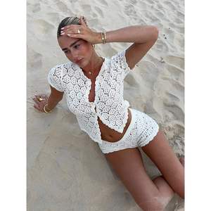 Custom 2026 <b>Women's</b> Crochet Hollow Out 2 Piece Set V Neck <b>Short</b> <b>Sleeve</b> <b>Shirt</b> And <b>Shorts</b> Beachwear Summer Vacation Outfit - Product Image 1