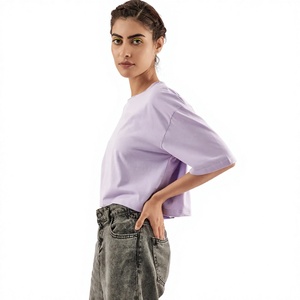 Camiseta Corta Lavanda para Mujer, Cuello Redondo, Manga Corta, Corte Holgado, Algodón Jersey, Informal, para Todas las Temporadas - Product Image 1