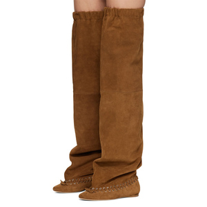 Botas planas de mujer con lazo frontal por encima de la rodilla, de gamuza, con orificios metálicos decorativos, elástico superior ancho y corte holgado, estilo pantalón - Product Image 6