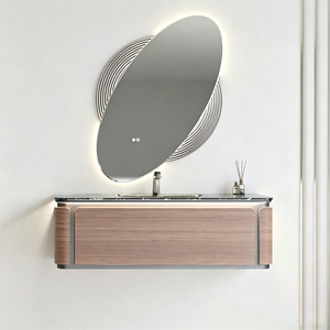 Meuble de salle de bain en acier inoxydable Bokejia avec miroir rond éclairé par LED et armoire murale de rangement - Product Image 4