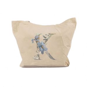 Sac fourre-tout réutilisable en toile beige avec impression florale scintillante et alphabet pour cadeau de mariage et shopping - Product Image 3
