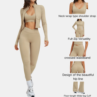 Ensemble de yoga 5 pièces pour femme : Veste zippée, soutien-gorge de sport dos nu, short taille croisée, leggings à poches, pantalon évasé – Tenue de sport et athleisure