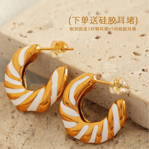 Hoop Earrings Gold White Geometric Design Women's Everyday Wear <b>Titanium</b> Steel EH342 - Product Image 2