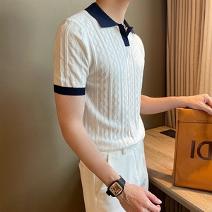 Chemise d'été pour homme style italien, respirante, texture jacquard, coupe ajustée, manches courtes, tendance mature, unie, 100 % polyester - Product Image 3