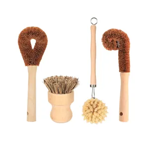 JESUN Ensemble de brosses de cuisine écologiques en bambou Brosse éponge et épurateur pour bouteilles de cuisine Brosse de nettoyage pour casseroles et plats Manche court