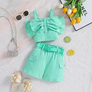 Trendy Two-Piece Girls Clothing Sets Sweet Solid Sling Tops with Bow Tie Short Skirt