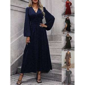 Abiti Lunghi da Donna Nuovo Stile 2026 con Scollo a V Maniche a Sbuffo, Elegante Abito Stampato Stile Europeo con Vita Sottile e <span class=keywords><strong>Spacco</strong></span> Casual - Product Image 4