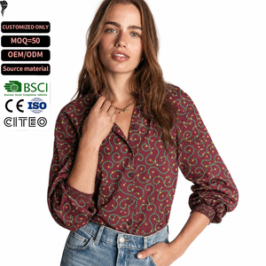 Camicetta da <span class=keywords><strong>Donna</strong></span> <span class=keywords><strong>Bordeaux</strong></span> con Collo Verde Arricciato, Polsini Smock, Colletto Rovesciato, Vestibilità Comoda, Bottoni Frontali - Product Image 1