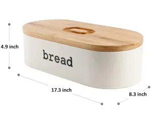 Armazenamento de pão revestido, branco vintage retrô de aço inoxidável com tampa de placa de corte de bambu para cozinha meta caixa de pão