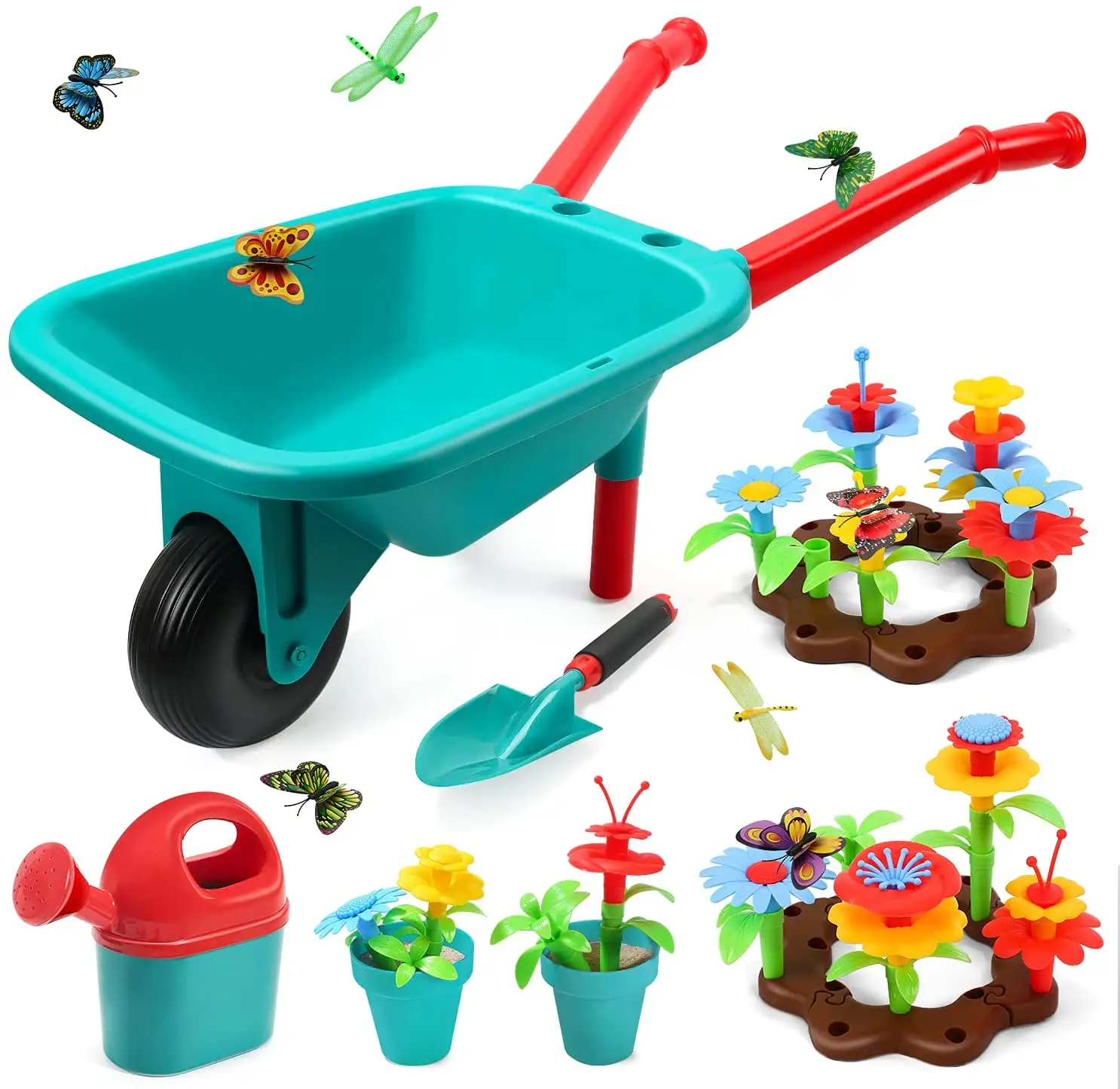 Cute Stone Outdoor Gardening Toys with Watering Can & Wheelbarrow Children Pretend Play Toy Garden Tool Set for Kids