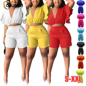 Women's Sexy Casual Summer 2 Piece Outfits Solid V Neck Ruffle Short Sleeve Crop Top Shorts Pants Shorts Sets