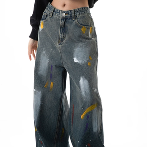 <span class=keywords><strong>Jeans</strong></span> OEM OED Unisex <span class=keywords><strong>Uomo</strong></span> Donna Denim Baggy Modello <span class=keywords><strong>Mom</strong></span> a Vita Alta Lavaggio Monkey Fit Largo a Gamba Larga con Ricami Borchie Toppe Stampa in Cotone - Product Image 1