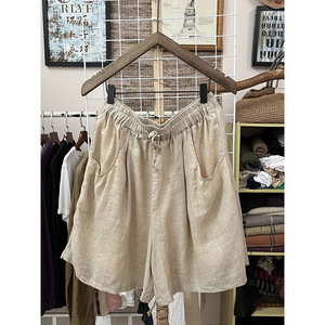 Retro Cotton Linen Wide Leg Shorts Women Summer Breathable Loose Mid Waist Casual Pants With Pockets Khaki Gray White Pink Black - Product Image 1