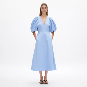 Abito Midi da Ufficio Personalizzato per Donna, Blu Periwinkle, Scollo a V Profondo, Maniche a Sbuffo, Linea A, Cucitura Principessa, Tasche Laterali, in Popeline di Cotone - Product Image 2