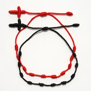 Pulseira trançada a mão boa sorte, corda vermelha e preta corda fio trançado pulseira cruz charme pulseira ou tornozeleira jóias unissex