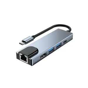 Venta al por mayor Aluminio 5 en 1 USB3.0 Multi Puerto USB Hub RJ45 Ethernet Lan HDTV Tipo C Estación de acoplamiento