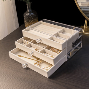 Three Layer Velvet Jewelry <b>Box</b> With Drawers For <b>Earrings</b> Necklaces Rings Storage Organizer Beige Gray Color Plastic Material - Product Image 3