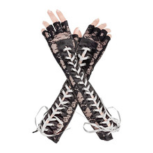 Gants mi-doigts sexy en dentelle florale pour femmes, longueur coude, avec liens en ruban noir, pour soirée dansante, mitaines en résille sans doigts - Product Image 6