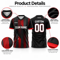 Maillot de football personnalisé noir et rouge à rayures verticales, col en V, sublimation intégrale, séchage rapide, respirant, kit d'équipe personnalisé pour les amateurs