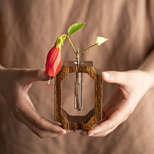 Walnut Wood Transparent Glass <b>Vase</b> <b>Mini</b> Solid Wood Flower Holder For Fresh Flowers Desktop Ornament Japandi Style - Product Image 1