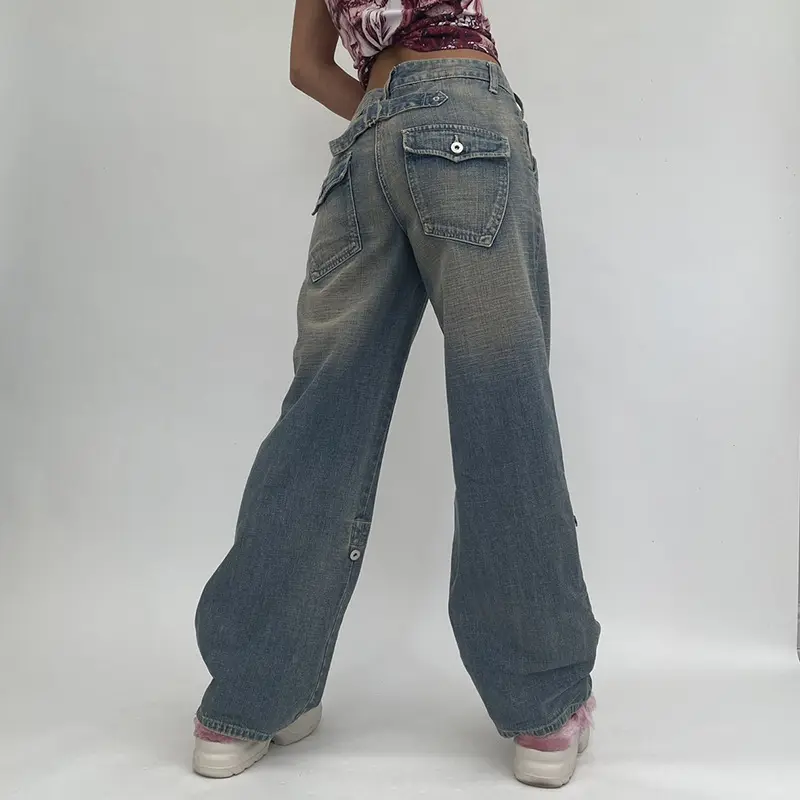 Calças jeans femininas folgadas, novidade de outono, hip hop, bolso grande, cintura baixa, destruído, perna plissada