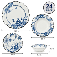 Ensemble de 24 assiettes à dîner en céramique élégante, motif floral oriental bleu, vaisselle élégante pour usage personnel