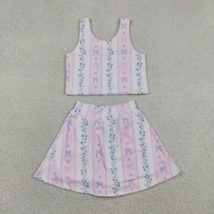 Nuevo Conjunto de Dos Piezas RTS para Bebés Niñas, Ecológico, de Manga Corta, con Lazo Bonito, Rayas Florales, Cintura Elástica, para Yoga Activo - Product Image 1