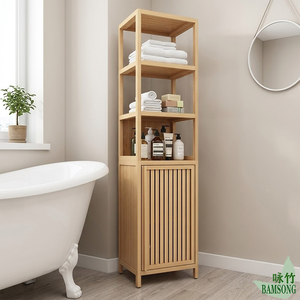 Armario de Almacenamiento Estrecho de Bambú Alto con Estantes Abiertos y Puerta Corredera Ventilada de Listones, Organizador Independiente para Baño - Product Image 6