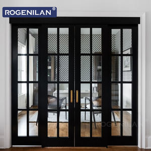 Rogenilan Porte en verre en treillis français à cadre en aluminium noir de taille personnalisée Portes pivotantes intérieures et extérieures à cloison insonorisée - Product Image 1