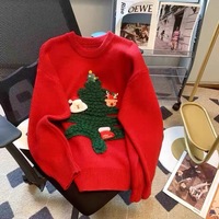 Pull décontracté de Noël pour femme, col rond, manches longues, tricoté, motif géométrique, logo sur le devant, pour les fêtes de fin d'année et l'hiver