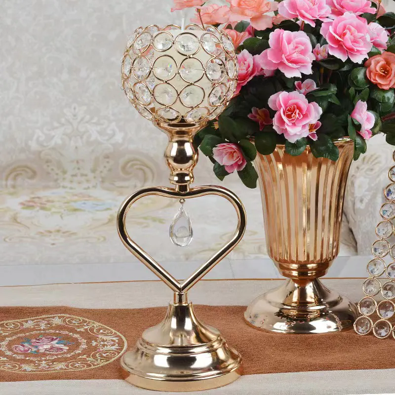 large love shape gold candlestick with crystal drip iron metal candle standwedding celebration home decor