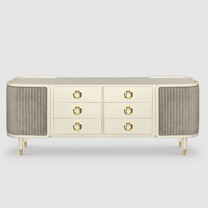 Aparador Italiano Moderno de Lujo, Madera Blanca Brillante con Tiradores de Latón Pulido, Mueble para Sala de Estar en Gris Crema - Product Image 1