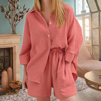 Ensemble deux pièces short et haut à manches longues coupe ample 100 % coton pour femme, collection Printemps-Automne 2026