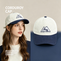 Gorra de Béisbol de Pana de Dos Tonos con Diseño de Alta Calidad, Blanca y Azul, de 6 Paneles, con Visera Curva y Logotipo Bordado de Montaña