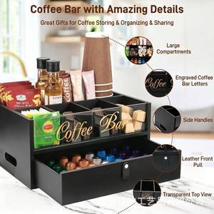Wooden coffee capsule storage box, desktop bar counter tea bag storage rack with drawer, straw, <b>disposable</b> <b>cup</b> storage - Product Image 4