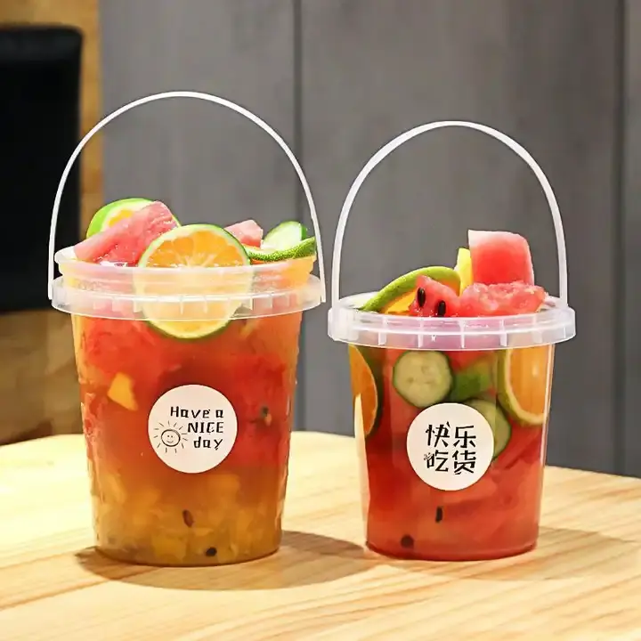 Cheap Price Custom Logo Disposable Plastic PP Hard Fruit Bucket Food Grade Bubble Tea Buckets cups With Lids