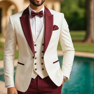 Nouveau <span class=keywords><strong>Costume</strong></span> <span class=keywords><strong>Homme</strong></span> <span class=keywords><strong>3</strong></span> <span class=keywords><strong>Pièces</strong></span> Ivoire Bourgogne Coupe Slim Blazer Gilet Pantalon Tenue de Mariage Tuxedo pour Marié Costumes de Soirée d'Affaires pour Hommes - Product Image 1