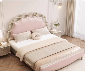 Cama Doble <span class=keywords><strong>de</strong></span> Madera Maciza <span class=keywords><strong>de</strong></span> Lujo Ligero, Estilo Princesa, con Lazo Rosa <span class=keywords><strong>de</strong></span> 1.8 m, en Color Crema Francés, con Cuero Genuino, para Segunda Cama Suave - Product Image 1