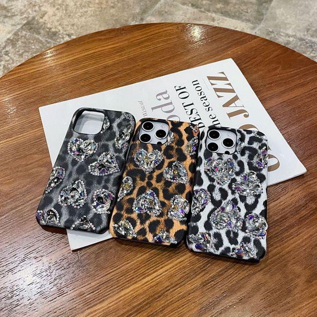 IVANHOE Fashion Leopard Print LOVE Diamond Suitable for iPhone XS XR 11 12 13 14 15 16 Pro Max Plus Leopard Style PU Hard Shell