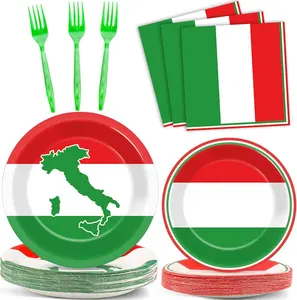 100 buah piring bendera Italia dan serbet, perlengkapan pesta bendera Italia, Set peralatan makan pesta bendera Italia, dekorasi hadiah pesta