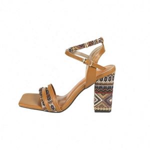 Women's New Retro Braided Style Square-toed, Thick-heeled <b>Sandals</b> and Fashionable Brown High Heels - Product Image 5