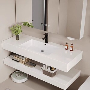 Pure White Modern Water Resistant Sintered Stone Double Layer Seamless Integrated Ceramic Basin Wall <b>Mounted</b> Hotel Bathroom - Product Image 4