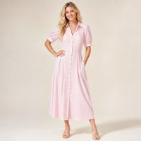 Robe chemise rayée à manches courtes pour femmes Europe & Amérique, décontractée, boutonnée, à manches bouffantes, pour les vacances d'été