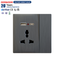 Prise murale multifonction avec interrupteur et chargeur USB-C néon, finition gris brossé, alimentation universelle, fournie par l'usine OEM