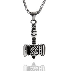 yunnique Viking Thor's Hammer Stainless Steel Pendant Necklace Unisex Geometric Design Jewelry Sweater <b>Chain</b> - Product Image 1