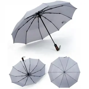 3 Folding Umbrella Wholesale High Quality 190T Pongee Full Auto Open Close Windproof Rain 3 Folding Umbrella With Wood Handle